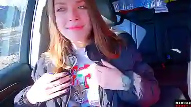 Russian hitchhiker gives deepthroat BJ & swallows cum for cash